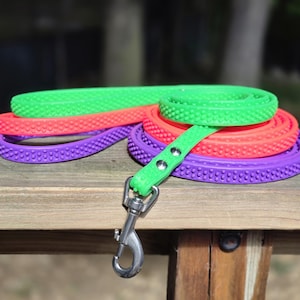 May include: A collection of colorful dog leashes in green, red, and purple, coiled on a wooden surface. The leashes have a textured, dotted pattern and a metal clasp. The green leash is extended, showing the metal hardware.