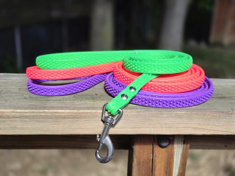 May include: A collection of colorful dog leashes in green, red, and purple, coiled on a wooden surface. The leashes have a textured, dotted pattern and a metal clasp. The green leash is extended, showing the metal hardware.