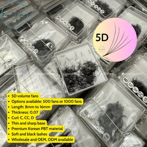 May include: A close-up of a selection of lash trays, each containing 5D volume fans. The trays are labelled with the lash specifications, including thickness, curl, and length. The text "5D" is prominently displayed on a pink and white circle.