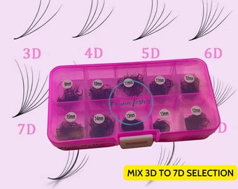 May include: A bright pink plastic storage case containing various black eyelash extension clusters, labeled with lengths from 9mm to 15mm. The case features a circular logo reading Taiwan Lashes and a yellow rectangular label stating MIX 3D TO 7D SELECTION.