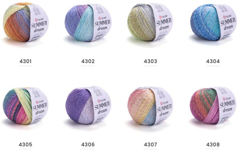 May include: Eight skeins of yarn in various colors, each with a label that reads "SUMMER dream". The yarn colors include shades of orange, blue, green, purple, and pink. Each skein has a unique color combination.