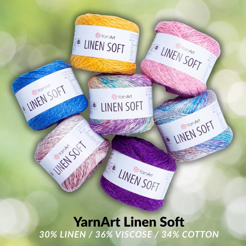 May include: Seven skeins of YarnArt Linen Soft yarn in various colors, including blue, yellow, pink, and purple. Each skein has a white label with the text "LINEN SOFT". The image also displays the text "YarnArt Linen Soft" and the fiber content.