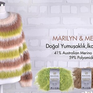 Puede incluir: Un su&eacute;ter a rayas y difuminado en tonos rosa, verde y marr&oacute;n se muestra en un maniqu&iacute;. La imagen tambi&eacute;n muestra tres ovillos de lana en colores a juego. El texto de la imagen dice "MARILYN & MERINOS" y "41% Australian Merino Wool SW 59% Polyamide."
