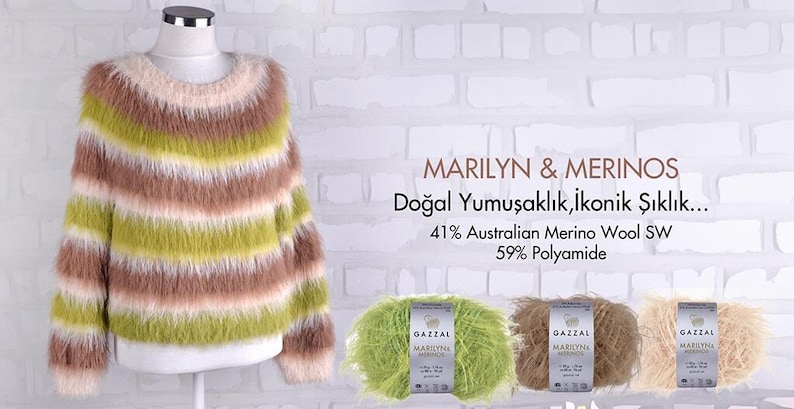 Puede incluir: Un su&eacute;ter a rayas y difuminado en tonos rosa, verde y marr&oacute;n se muestra en un maniqu&iacute;. La imagen tambi&eacute;n muestra tres ovillos de lana en colores a juego. El texto de la imagen dice "MARILYN & MERINOS" y "41% Australian Merino Wool SW 59% Polyamide."