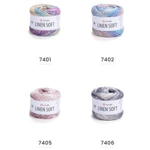 May include: Eight skeins of YarnArt Linen Soft yarn in various colors. Each skein is labeled with the text "LINEN SOFT" and a unique number. Colors include shades of purple, blue, green, and beige.