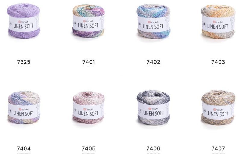 May include: Eight skeins of YarnArt Linen Soft yarn in various colors. Each skein is labeled with the text "LINEN SOFT" and a unique number. Colors include shades of purple, blue, green, and beige.
