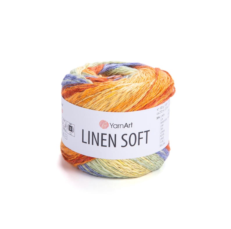 May include: A skein of YarnArt Linen Soft yarn. The yarn is a blend of orange, yellow, blue, and green. The label reads "YarnArt LINEN SOFT". The yarn is a soft, textured material, ideal for knitting and crochet projects.