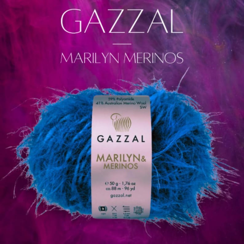 Puede incluir: Ovillo de lana azul brillante con la etiqueta "GAZZAL MARILYN MERINOS". La etiqueta detalla la composici&oacute;n: 59% Poliamida, 41% Lana Merino Australiana. El ovillo pesa 50 g y mide aproximadamente 88 m. Fondo morado y rosa.