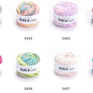 May include: Eight colorful yarn skeins labeled "dolce vita" with different color combinations, including gray, yellow, pink, and blue. Each skein has a unique color pattern and a number from 3401 to 3408.