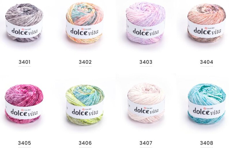 May include: Eight colorful yarn skeins labeled "dolce vita" with different color combinations, including gray, yellow, pink, and blue. Each skein has a unique color pattern and a number from 3401 to 3408.