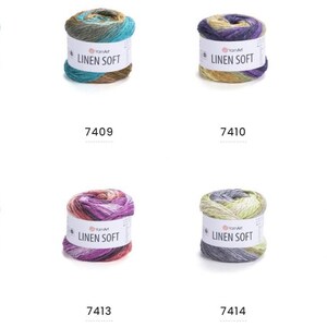 May include: An assortment of eight colorful yarn skeins labeled "Linen Soft." The yarn is in various shades, including blue, green, purple, and yellow. Each skein has a white label with the brand name and a product number.