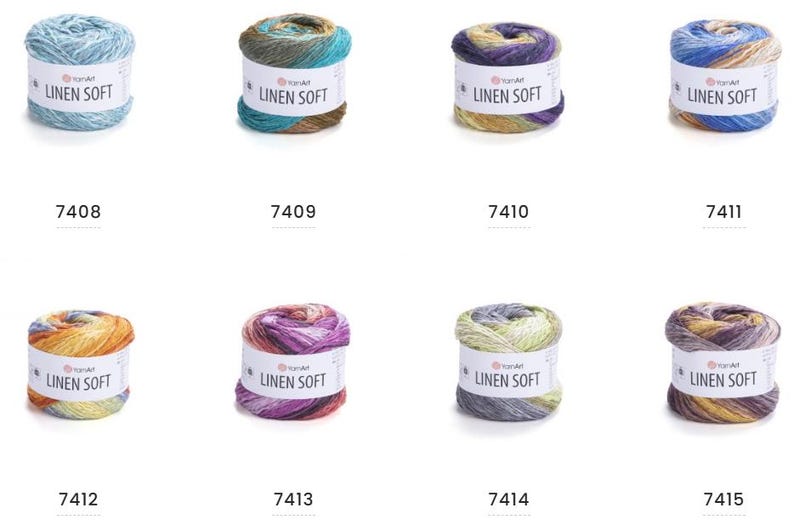 May include: An assortment of eight colorful yarn skeins labeled "Linen Soft." The yarn is in various shades, including blue, green, purple, and yellow. Each skein has a white label with the brand name and a product number.
