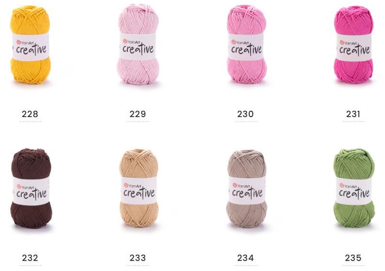 May include: Eight balls of yarn in a variety of colours, including yellow, pink, brown, beige, grey, and green. Each ball has a white label with the word "creative" printed on it. Numbers 228 to 235 are printed below each yarn ball.
