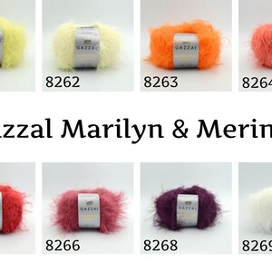 Puede incluir: Una colecci&oacute;n de madejas de hilo esponjoso en varios colores, incluyendo amarillo, naranja, rojo, rosa, morado y blanco. Cada madeja tiene una etiqueta con la marca "Gazzal Marilyn & Merinos" y un n&uacute;mero &uacute;nico. Ideal para tejer y hacer ganchillo.
