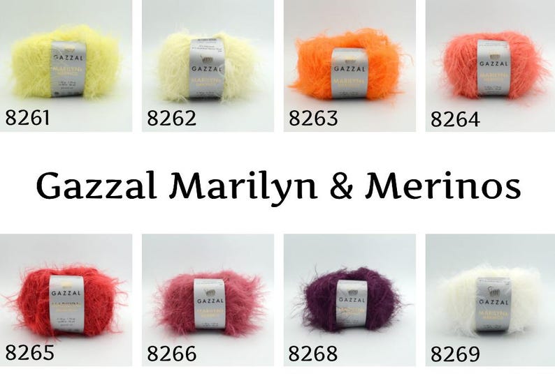 Puede incluir: Una colecci&oacute;n de madejas de hilo esponjoso en varios colores, incluyendo amarillo, naranja, rojo, rosa, morado y blanco. Cada madeja tiene una etiqueta con la marca "Gazzal Marilyn & Merinos" y un n&uacute;mero &uacute;nico. Ideal para tejer y hacer ganchillo.
