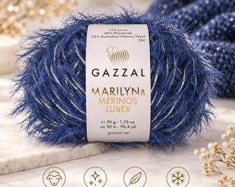 Gazzal Marilyn & Merinos LUREX Yarn – Merino Wool Sparkle Yarn, Fancy Winter Yarn, Long Pile Eyelash Yarn, Metallic Lurex Yarn, 50g