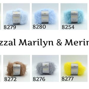 Puede incluir: Una colecci&oacute;n de ovillos de lana esponjosa en varios colores, incluyendo amarillo, azul y rosa. La imagen muestra el hilo "Gazzal Marilyn & Merinos", con cada ovillo etiquetado con un n&uacute;mero &uacute;nico. El hilo parece suave y texturizado.
