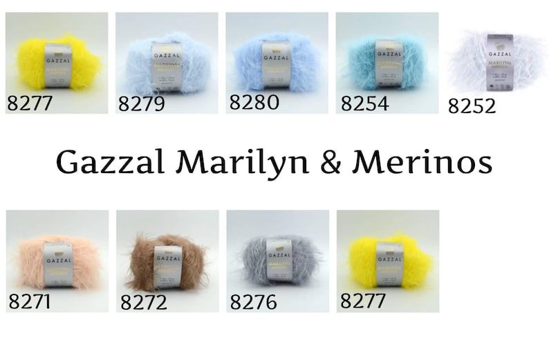 Puede incluir: Una colecci&oacute;n de ovillos de lana esponjosa en varios colores, incluyendo amarillo, azul y rosa. La imagen muestra el hilo "Gazzal Marilyn & Merinos", con cada ovillo etiquetado con un n&uacute;mero &uacute;nico. El hilo parece suave y texturizado.