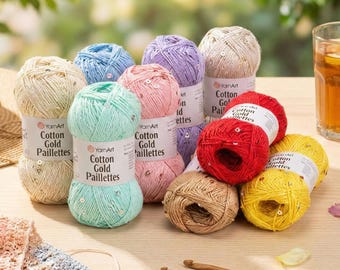 YarnArt Cotton Gold Paillettes – Hilo DK de mezcla de algodón brillante con lentejuelas / 50 g / Hilo elegante para chales, tops y accesorios