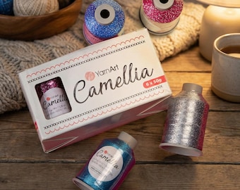 YarnArt Camellia New Metallic Lace Yarn – Fingering Shiny Yarn, Pack of 6 Skeins for Knitting, Crochet & Embroidery