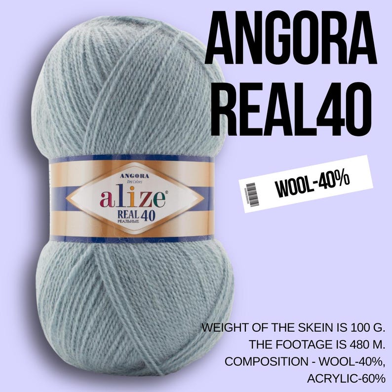 Puede incluir: Ovillo de lana Angora Real 40 azul claro. La etiqueta dice "Alize" y "Real 40". El texto "WOOL-40%" est&aacute; en una etiqueta separada. El texto indica un peso de 100 g, un metraje de 480 m y una composici&oacute;n de 40% lana y 60% acr&iacute;lico.