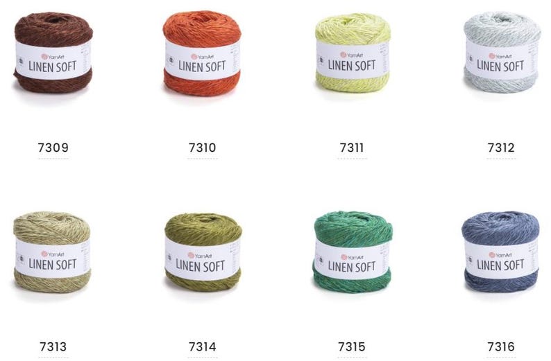 May include: Eight skeins of YarnArt Linen Soft yarn in various colors. The colors include brown, orange, yellow-green, light gray, olive green, dark green, and blue-gray. Each skein has a white label with the text "LINEN SOFT" and a number.