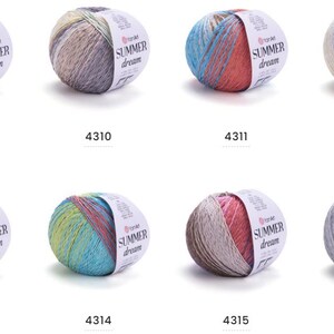 May include: Eight skeins of yarn in various colors, each with a label that reads "SUMMER dream". The yarn colors include shades of blue, green, pink, beige, and gray. Each skein has a number printed on it.