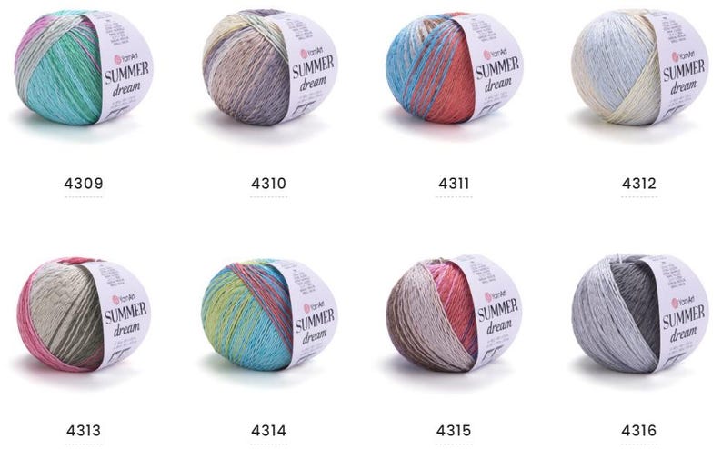 May include: Eight skeins of yarn in various colors, each with a label that reads "SUMMER dream". The yarn colors include shades of blue, green, pink, beige, and gray. Each skein has a number printed on it.