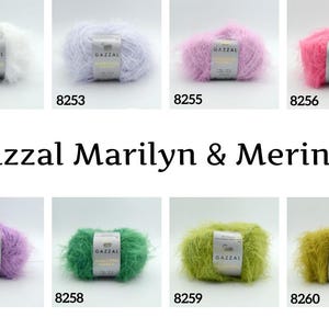 Puede incluir: Una colecci&oacute;n de ovillos de lana esponjosa en varios colores, incluyendo blanco, lavanda, rosa, verde y amarillo. Cada ovillo tiene una etiqueta que dice "GAZZAL Marilyn & Merinos". La imagen tambi&eacute;n muestra el texto "Gazzal Marilyn & Merinos".