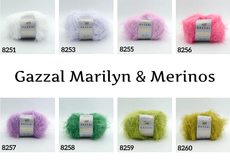 Puede incluir: Una colecci&oacute;n de ovillos de lana esponjosa en varios colores, incluyendo blanco, lavanda, rosa, verde y amarillo. Cada ovillo tiene una etiqueta que dice "GAZZAL Marilyn & Merinos". La imagen tambi&eacute;n muestra el texto "Gazzal Marilyn & Merinos".