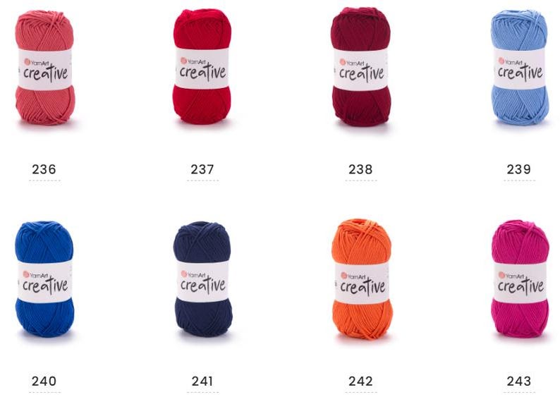 May include: Eight balls of colourful yarn are displayed. Each ball has a white label with "creative" printed on it. The yarn colours are pink, red, burgundy, blue, navy, orange, and fuchsia. Numbers 236 to 243 are visible on the image.