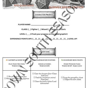 Puede incluir: Una hoja de búsqueda de rol en blanco y negro titulada "SLAY THE CHORE! SUMMER BREAK EDITION." Incluye secciones para el perfil del personaje, el registro de búsqueda y tareas como cepillarse los dientes y limpiar el dormitorio. Con ilustraciones de dados.
