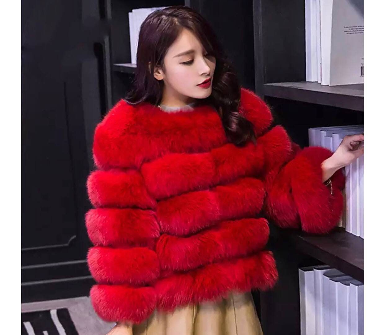 cropped red faux fur jacket
