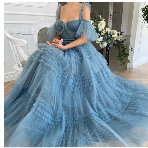 RikokoShop Prom Dress Smoke Blue Ball Gown Long Quinceanera Dress Off Shoulder Balloon
