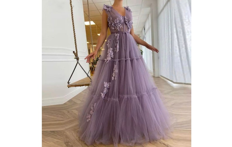 Sevintage Elegant Lavender Tiered Tulle Long Prom Dress A Line Fitted Boning 3D Flower Floor Length Evening Gown,bride,bridesmaid,graduation 