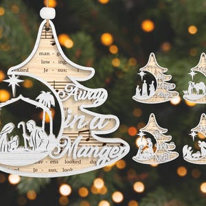 Weihnachtsmusik Blatt Ornament svg, Weihnachtslied Lasercut Datei svg, Krippe svg, hölzerne Weihnachtsverzierung svg, Baby Jesus svg