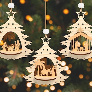 Candelabro con adorno de natividad Svg, adorno navideño Cutfile Svg, escena de natividad Svg, Sagrada Familia Svg, regalo de Navidad, corte láser Glowforge