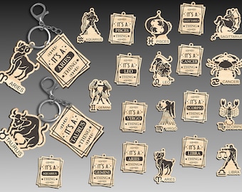 Zodiac Keychain Lasercut Svg ,Horoscopes Keychain Svg,Astrology Svg,Engraved Wooden Keyring,Zodiac Quotes And Sayings,Digital File Glowforge