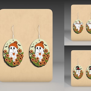 Ghost bloem Halloween oorbellen Svg, Halloween Earring-bestanden, schattige Ghost oorbellen Svg, Halloween lasergesneden houten sieraden, Glowforge Svg-bestand