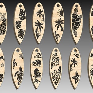 May include: Twelve wooden surfboard-shaped ornaments with various black and white designs, including palm trees, pineapples, turtles, flowers, and waves.