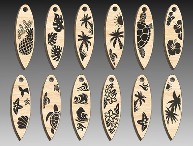 May include: Twelve wooden surfboard-shaped ornaments with various black and white designs, including palm trees, pineapples, turtles, flowers, and waves.