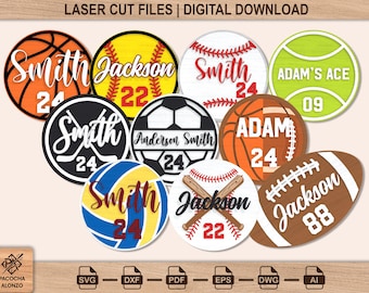 May include: A collection of laser-cut sports-themed designs. Includes basketball, baseball, hockey, soccer, tennis, volleyball, and football. Each design features a name and number. The text "LASER CUT FILES | DIGITAL DOWNLOAD" is at the top.