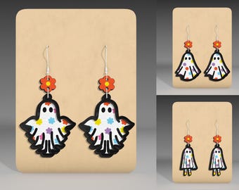 Cute Ghost Halloween Earrings Svg ,Ghost Flower Earrings Svg,Retro Halloween Earring Svg,Halloween Earring Svg, Glowforge Svg File