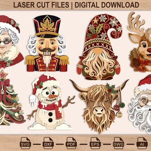 May include: A digital collection of eight Christmas-themed laser cut files featuring Mrs Claus, a nutcracker, a gnome, a reindeer, a decorated tree, a snowman, a highland cow, and Santa Claus. The text LASER CUT FILES | DIGITAL DOWNLOAD is visible.