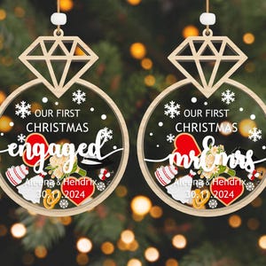Adorno de Navidad para el primer compromiso de 2024 en formato Svg, Feliz Navidad en 4D, Sr. y Sra., Nombre personalizado, Novia, Novio, Anillo de diamantes, Archivo cortado con láser en formato Svg