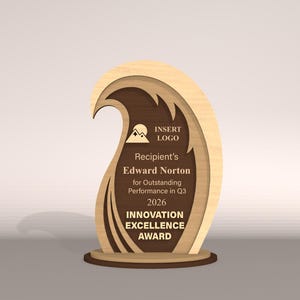May include: A wooden Innovation Excellence Award with a wave-like design. The award features layered wood tones, with text that reads "Recipient's Edward Norton for Outstanding Performance in Q3 2026." A mountain logo is also present.