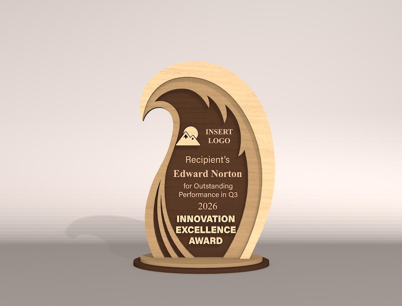 May include: A wooden Innovation Excellence Award with a wave-like design. The award features layered wood tones, with text that reads "Recipient's Edward Norton for Outstanding Performance in Q3 2026." A mountain logo is also present.