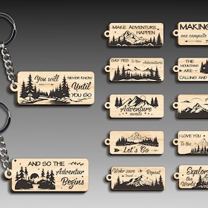 Avonturen sleutelhanger Lasercut Svg-bundel, vakantie sleutelhanger Svg, gegraveerde houten sleutelhanger, motiverende sleutelhanger Svg, digitaal bestand Glowforge