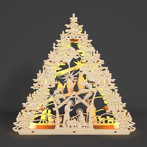 キリスト降誕キャンドルホルダー スタンディング SVG、キリストの赤ちゃん SVG、クリスマス アングル SVG、ティーライト ホルダー SVG、テーブル装飾 SVG、キリスト降誕の木製、レーザーカット ファイル SVG