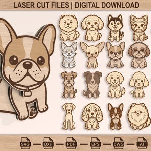 Op de afbeelding: Lasergesneden bestanden, digitale download, met een grote, cartoonachtige Franse Bulldog en verschillende hondenrassen. De afbeelding bevat bestandstype-pictogrammen zoals SVG, DXF en PDF. De bulldog is licht- en donkerbruin.
